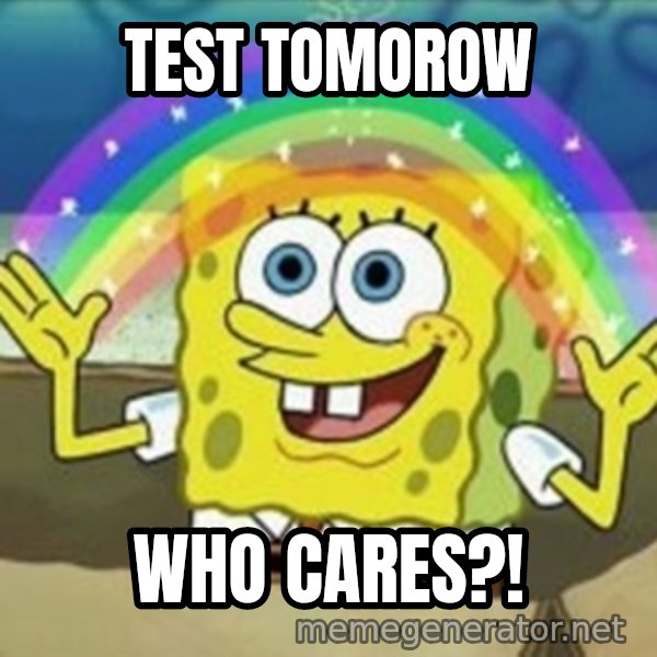 Spongebob meme: test tomorow / who cares?!