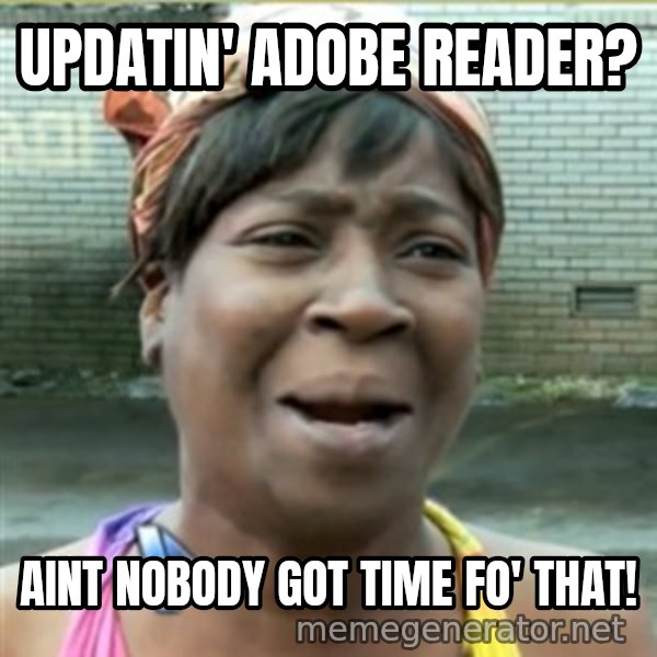 Ain't Nobody got time fo that meme: Updatin' adobe reader? / Aint nobody got time fo' that!