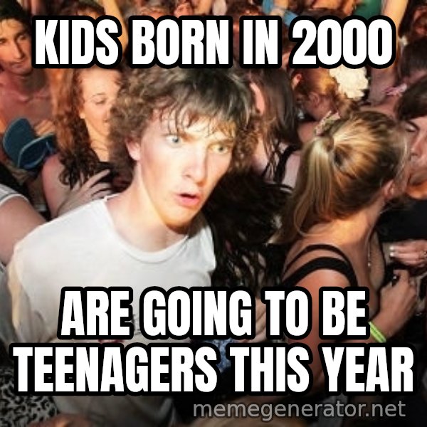 Sudden Realization Ralph meme: kids born in 2000 / are going to be teenagers this year