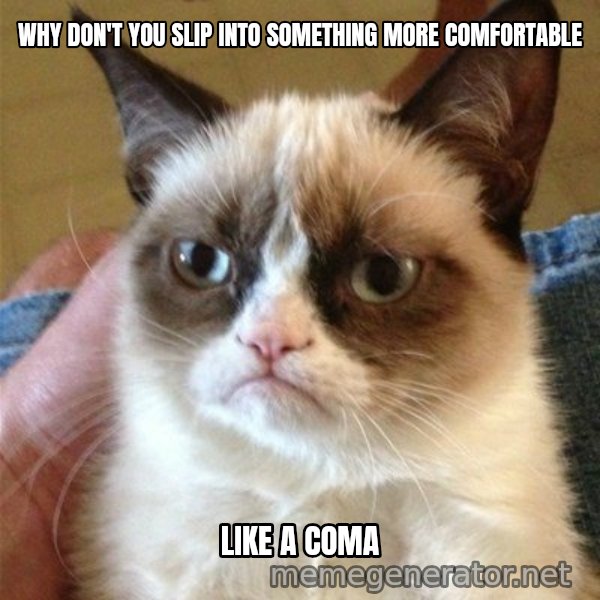 Grumpy Cat  meme: Why don't you slip into something more comfortable / Like a coma