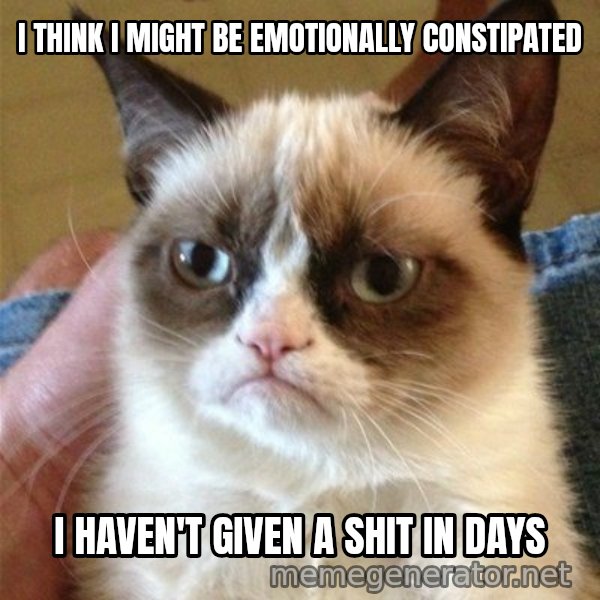 Grumpy Cat  meme: I think i might be emotionally constipated / i haven't given a shit in days