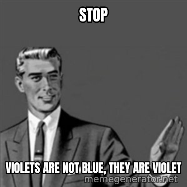 Correction Guy meme: Stop / Violets are not blue, They are VIOLET
