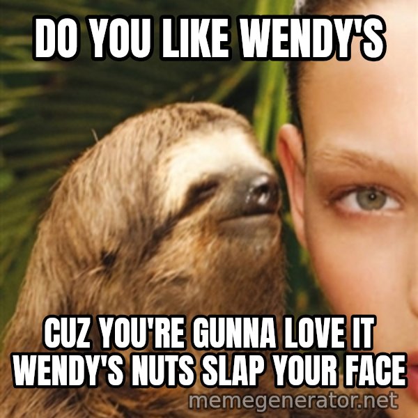 The Rape Sloth meme: Do you like wEndy's / CuZ you're gunna love it wEndy's nuts slaP your Face