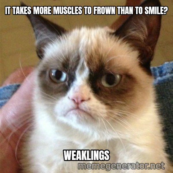 Grumpy Cat  meme: It takes more muscles to frown than to smile? / weaklings