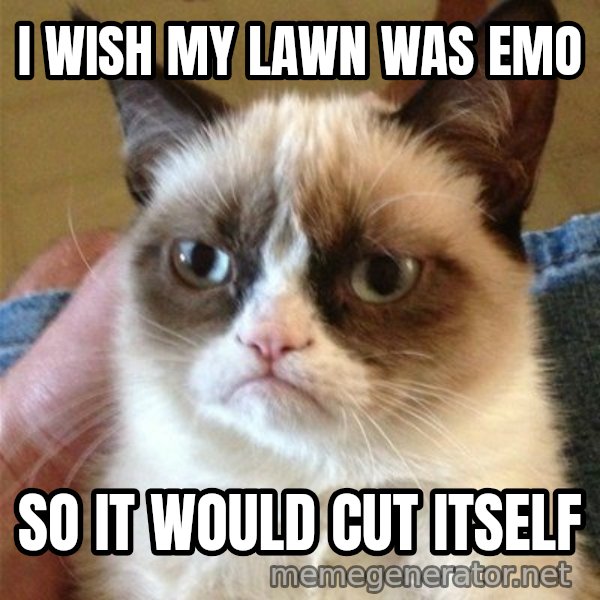 Grumpy Cat  meme: I wish my lawn was emo / so it would cut itself