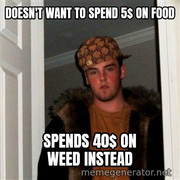 Scumbag Steve meme: Doesn't want to spend 5$ on food / Spends 40$ on weed instead