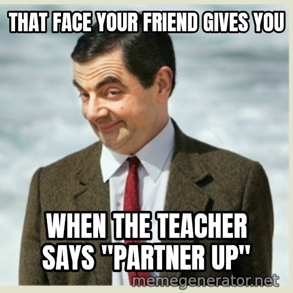MR bean meme: that face your friend gives you / when the teacher says "partner up"