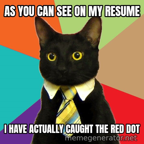 Business Cat meme: As you can see on my resume / I have actually caught the red dot