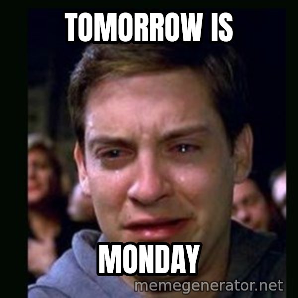 crying peter parker meme: tomorrow is / monday