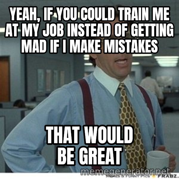 Office Space That Would Be Great meme: Yeah, if you could train me at my job instead of getting mad if I make mistakes / That would be great
