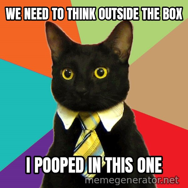 Business Cat meme: WE NEED TO THINK OUTSIDE THE BOX / I POOPED IN THIS ONE