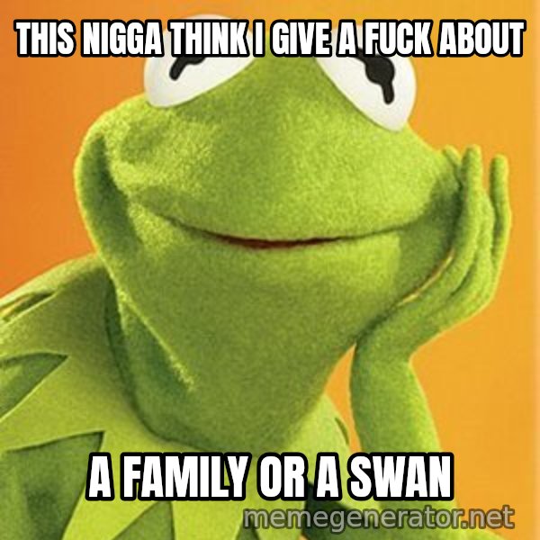 Kermit the frog meme: this nigga think i give a fuck about / a family or a swan