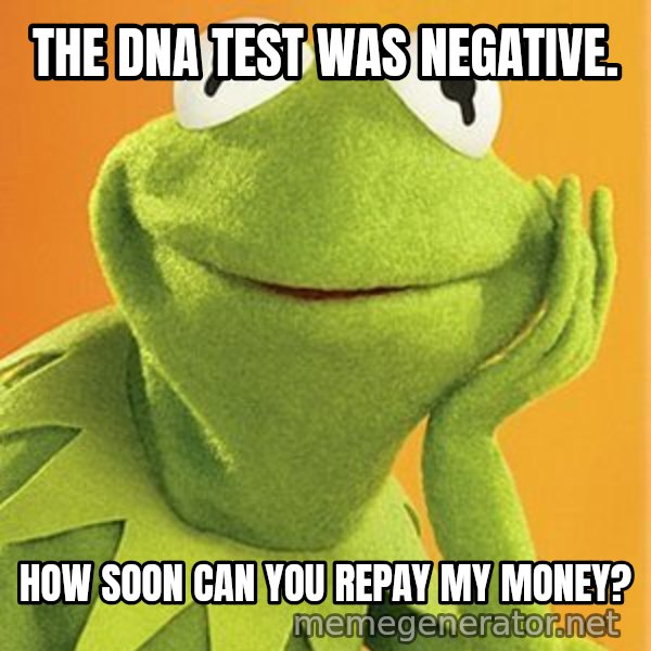 Kermit the frog meme: the dna test was negative. / how soon can you repay my money?