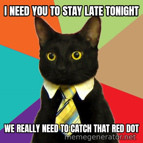 Business Cat meme: I Need You to Stay Late Tonight / We Really Need to Catch That Red Dot