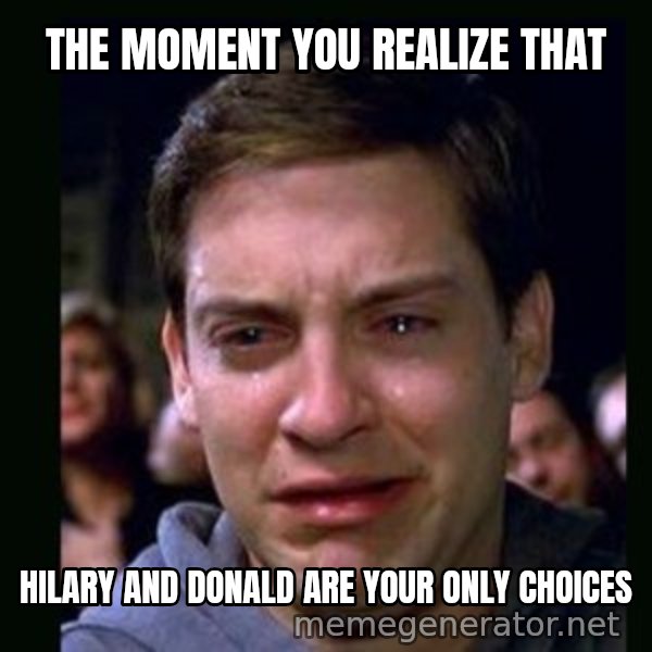crying peter parker meme: The moment you realize that / Hilary and Donald are your only choices