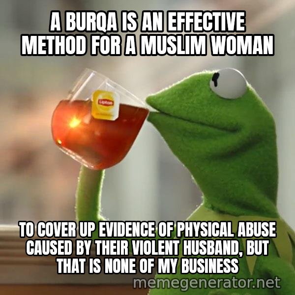 Kermit The Frog Drinking Tea meme: a burqa is an effective method for a muslim woman / to cover up evidence of physical abuse caused by their violent husband, but that is none of my business
