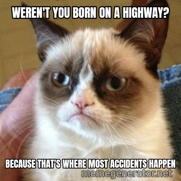 Grumpy Cat  meme: weren't you born on a highway? / because that's where most accidents happen