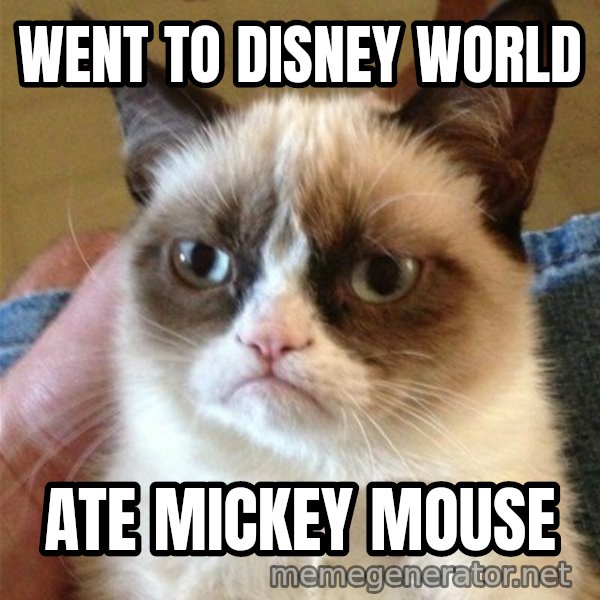 Grumpy Cat  meme: Went to disney world / ate mickey mouse