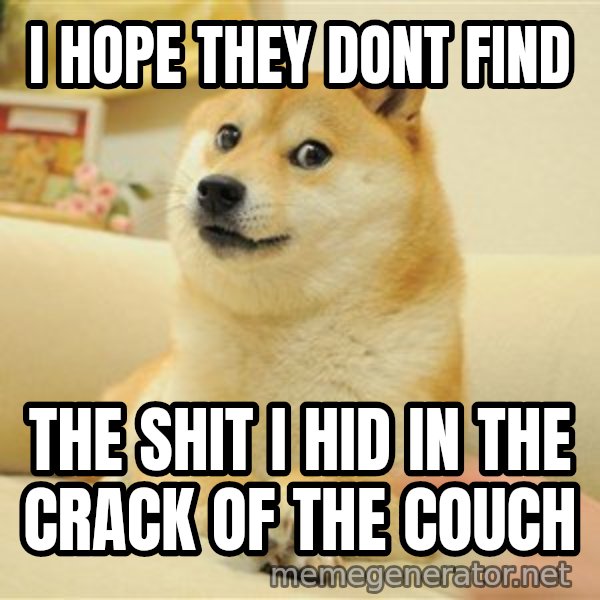 so doge meme: i hope they dont find / the shit i hid in the crack of the couch