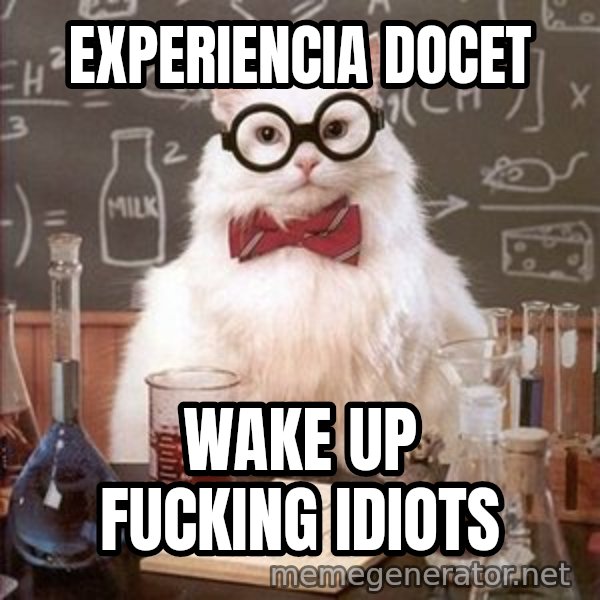 Chemistry Cat meme: experiencia docet / wake up fucking idiots