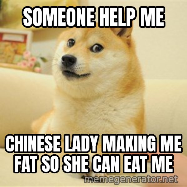so doge meme: someone help me / chinese lady making me fat so she can eat me
