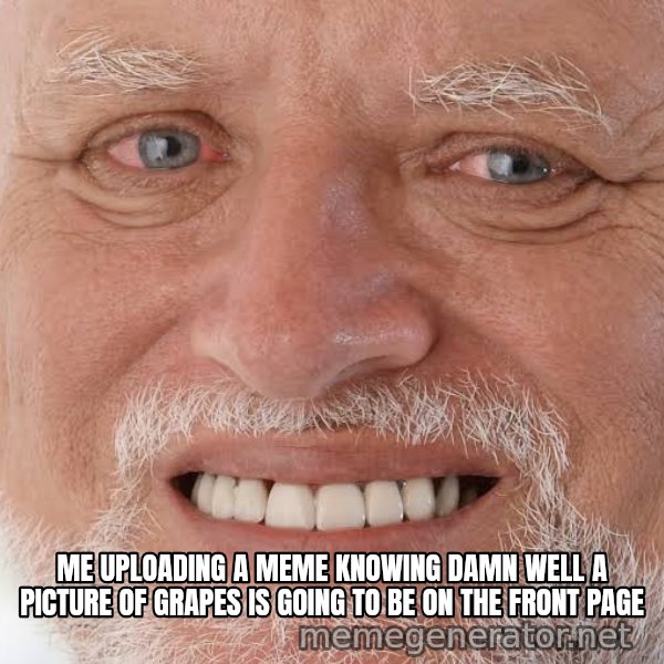 Harold Grins Through It meme: Me uploading a meme knowing damn well a picture of grapes is going to be on the front page