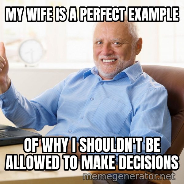 Harold's Thumbs Up meme: MY WIFE IS A PERFECT EXAMPLE / OF WHY I SHOULDN'T BE ALLOWED TO MAKE DECISIONS
