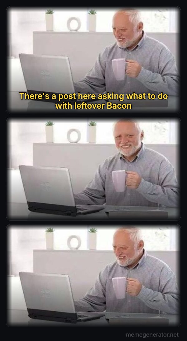 Harold Three Panels meme: There's a post here asking what to do with leftover Bacon