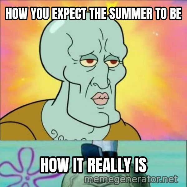 Handsome Squidward meme: HOW YOU EXPECT THE SUMMER TO BE / HOW IT REALLY IS