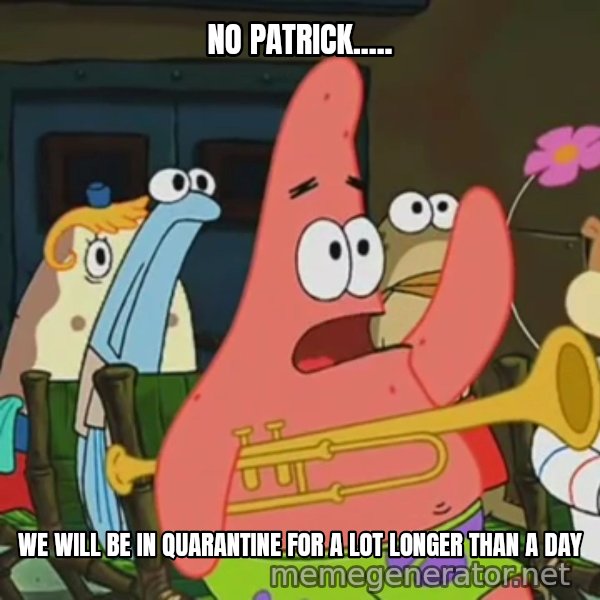 Is Mayonnaise an Instrument? meme: NO PATRICK..... / WE WILL BE IN QUARANTINE FOR A LOT LONGER THAN A DAY