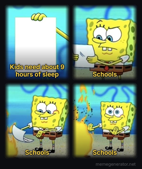 SpongeBob Burning Paper meme: Kids need about 9 hours of sleep / Schools / Schools / Schools