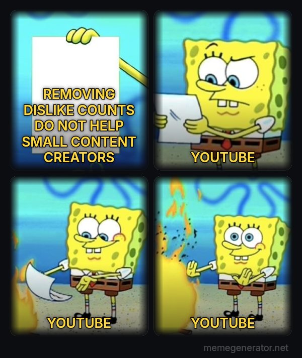 SpongeBob Burning Paper meme: REMOVING DISLIKE COUNTS DO NOT HELP SMALL CONTENT CREATORS / YOUTUBE / YOUTUBE / YOUTUBE