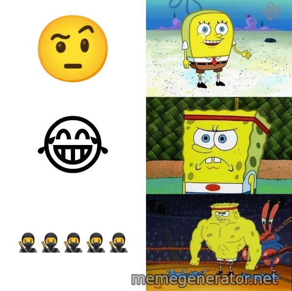 Increasingly Buff SpongeBob meme: 🤨 / 😂 / 🥷🥷🥷🥷🥷