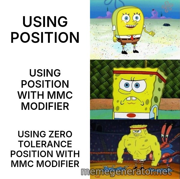 Increasingly Buff SpongeBob meme: USING POSITION / USING POSITION WITH MMC MODIFIER / USING ZERO TOLERANCE POSITION WITH MMC MODIFIER
