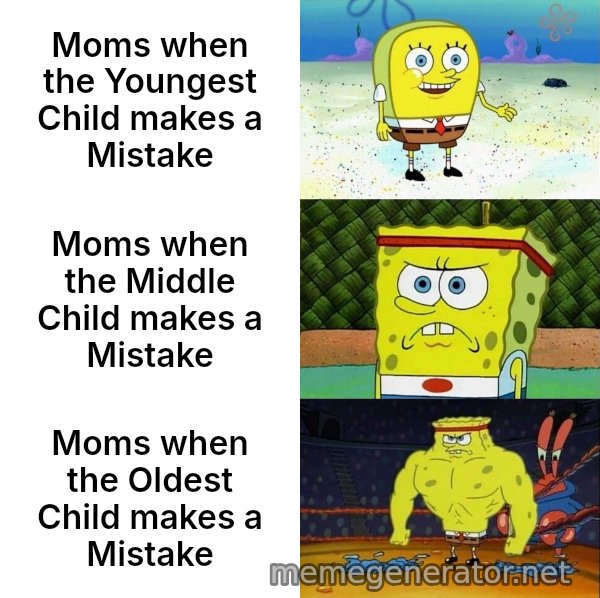 Increasingly Buff SpongeBob meme: Moms when the Youngest Child makes a Mistake / Moms when the Middle Child makes a Mistake / Moms when the Oldest Child makes a Mistake