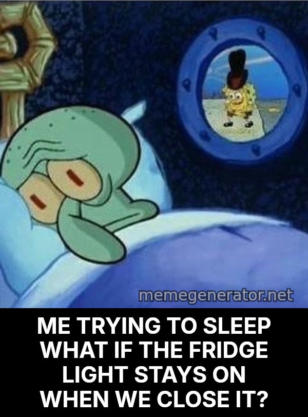 Squidward Can't Sleep meme: ME TRYING TO SLEEP
WHAT IF THE FRIDGE LIGHT STAYS ON WHEN WE CLOSE IT?