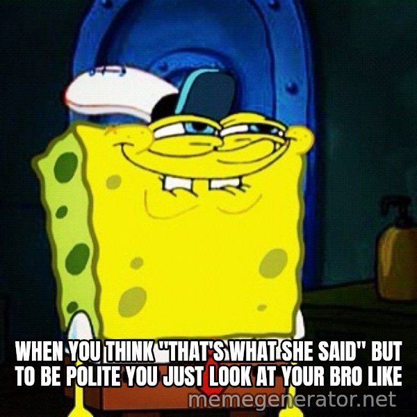 You Like Krabby Patties, Don't You Squidward? meme: WHEN YOU THINK "THAT'S WHAT SHE SAID" BUT TO BE POLITE YOU JUST LOOK AT YOUR BRO LIKE