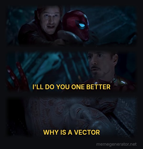 Why Is Gamora? meme: I'LL DO YOU ONE BETTER / WHY IS A VECTOR
