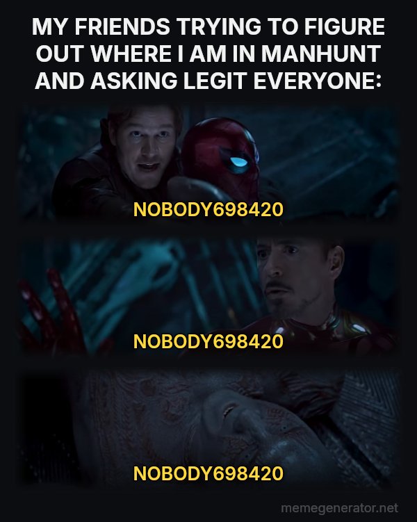 Why Is Gamora? meme: MY FRIENDS TRYING TO FIGURE OUT WHERE I AM IN MANHUNT AND ASKING LEGIT EVERYONE: / NOBODY698420 / NOBODY698420 / NOBODY698420