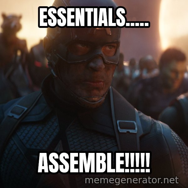 Avengers, Assemble meme: ESSENTIALS..... / ASSEMBLE!!!!!