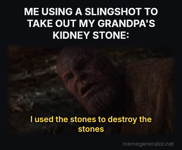 I Used the Stones to Destroy the Stones meme: ME USING A SLINGSHOT TO TAKE OUT MY GRANDPA'S KIDNEY STONE: / I used the stones to destroy the stones