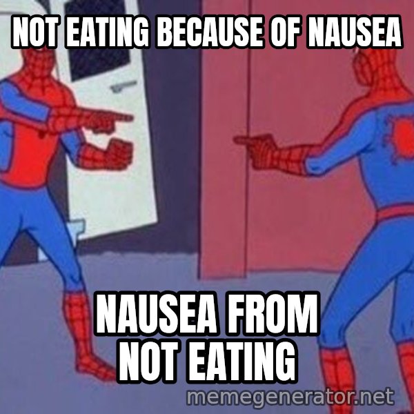 Spider-Man Pointing at Spider-Man meme: NOT EATING BECAUSE OF NAUSEA / NAUSEA FROM NOT EATING