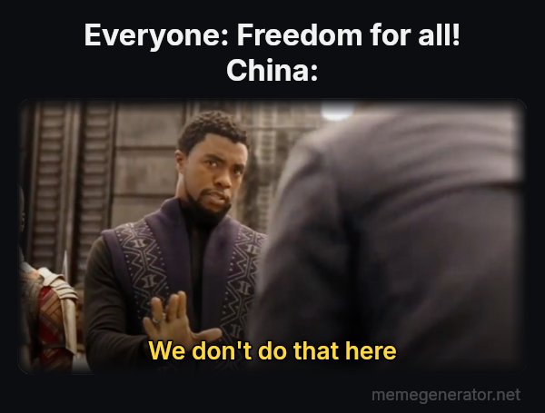 We Don't Do That Here meme: Everyone: Freedom for all!
China: / We don't do that here