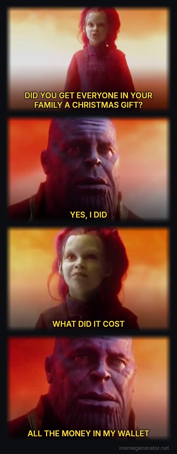 What Did It Cost? Everything meme: DID YOU GET EVERYONE IN YOUR FAMILY A CHRISTMAS GIFT? / YES, I DID / WHAT DID IT COST / ALL THE MONEY IN MY WALLET
