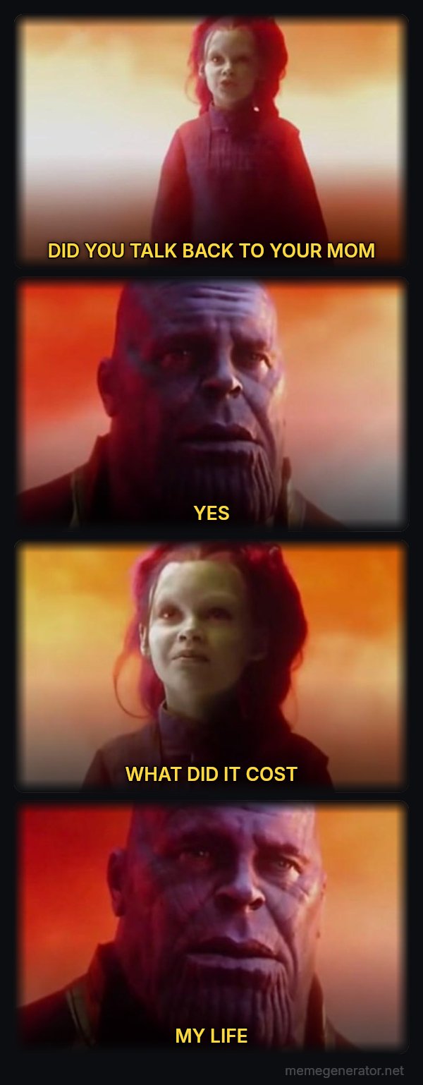 What Did It Cost? Everything meme: DID YOU TALK BACK TO YOUR MOM / YES / WHAT DID IT COST / MY LIFE