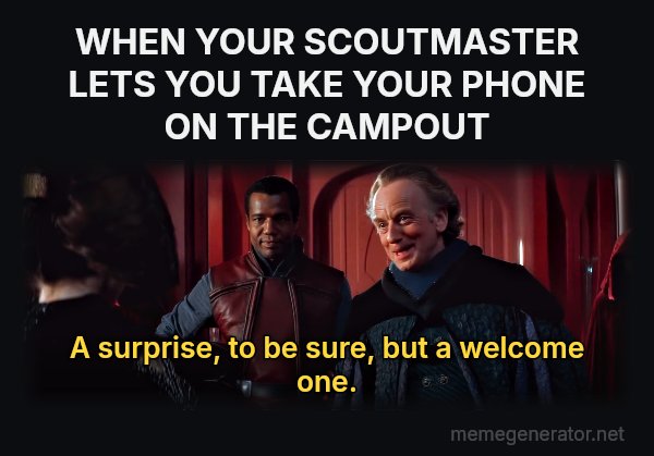 A Surprise, to Be Sure, but a Welcome One meme: WHEN YOUR SCOUTMASTER LETS YOU TAKE YOUR PHONE ON THE CAMPOUT / A surprise, to be sure, but a welcome one.