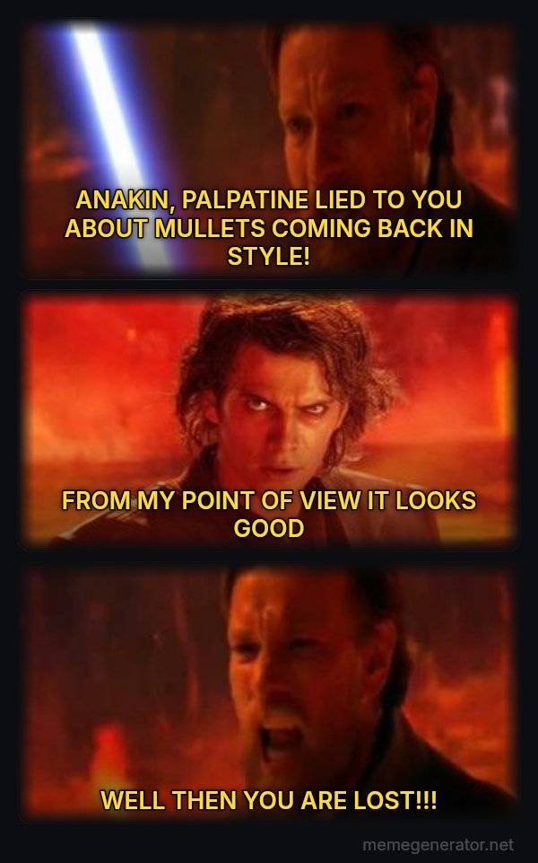 Then You Are Lost! meme: ANAKIN, PALPATINE LIED TO YOU ABOUT MULLETS COMING BACK IN STYLE! / FROM MY POINT OF VIEW IT LOOKS GOOD / WELL THEN YOU ARE LOST!!!