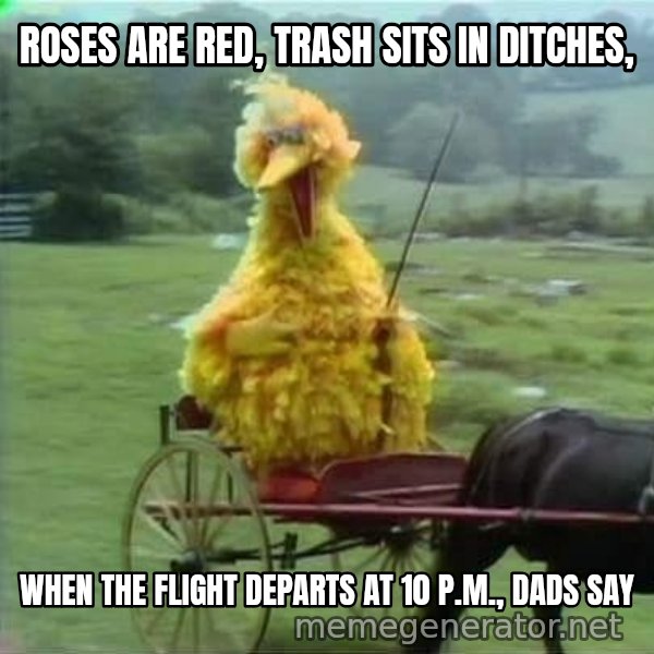 We Ride At Dawn meme: Roses are red, trash sits in ditches, / When the flight departs at 10 P.M., dads say