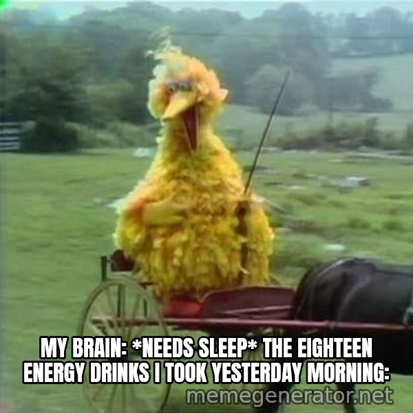 We Ride At Dawn meme: MY BRAIN: *NEEDS SLEEP*
THE EIGHTEEN ENERGY DRINKS I TOOK YESTERDAY MORNING:
