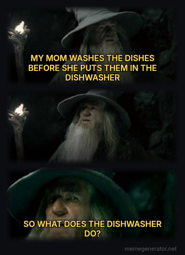 I Have No Memory of This Place meme: MY MOM WASHES THE DISHES BEFORE SHE PUTS THEM IN THE DISHWASHER / SO WHAT DOES THE DISHWASHER DO?
